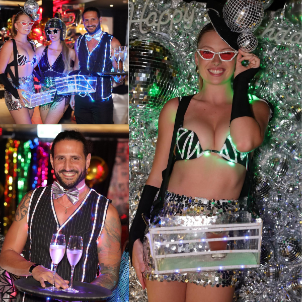 champagne servers, drink service, roving entertainment, disco themed entertainment, led dancers