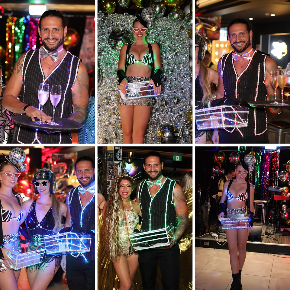 Disco themed champagne serves in a compilation of images