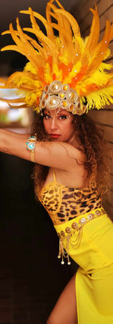 Fire dancer dressed in Yellow Leopard costume with yellow feathers in their headpieces, posing on a wall