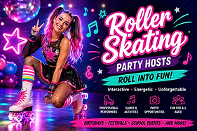 Professional roller skating party host entertaining at a kids birthday party with colourful costume, quad skates, interactive games, music, dancing, and themed children's entertainment.
