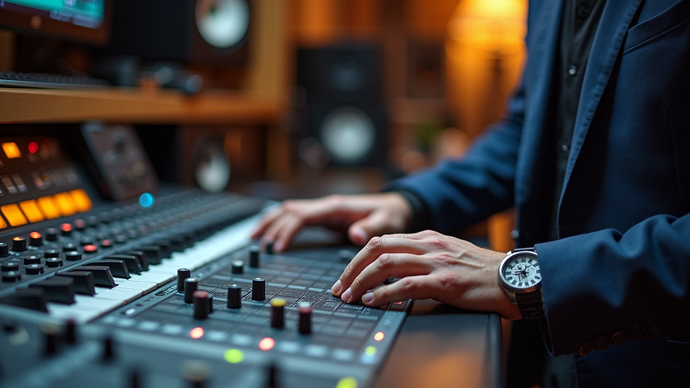 Close-up view of a mastering engineer working on audio tracks