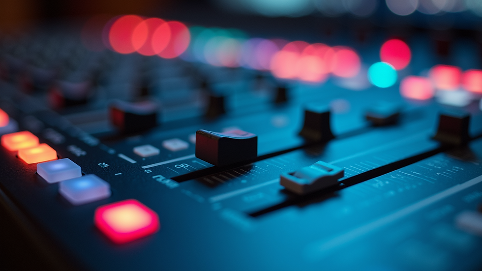 Close-up view of a mixing console with colorful faders