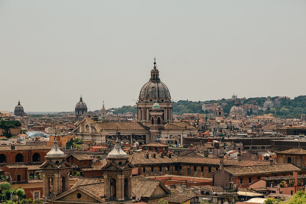 Skyline of Rome with domed churches and historic buildings under a clear sky. The cityscape features earthy tones and lush greenery in the distance.