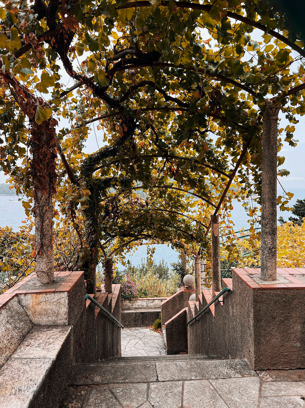Stone stairs descend under a leafy vine-covered archway, leading to a scenic view of a lake. Warm autumn colors create a serene mood.