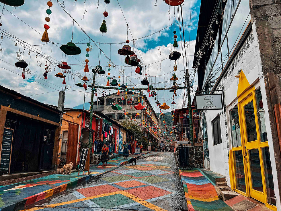 Colorful street with hanging decorations and murals, vibrant tile path. People and dogs walk below, signage reads "Tattoo" and "La Terraza."