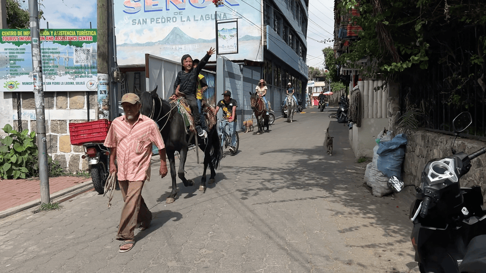 Man leads a horse with a child riding, waving on a narrow street. Other riders and a dog in the background. Signs and greenery surround.