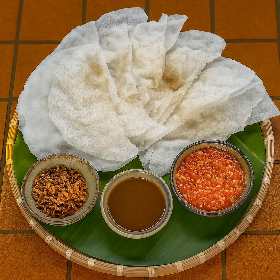Woven tray with crispy rice sheets, shrimp, brown and red sauces on green leaf, set against a tiled background.