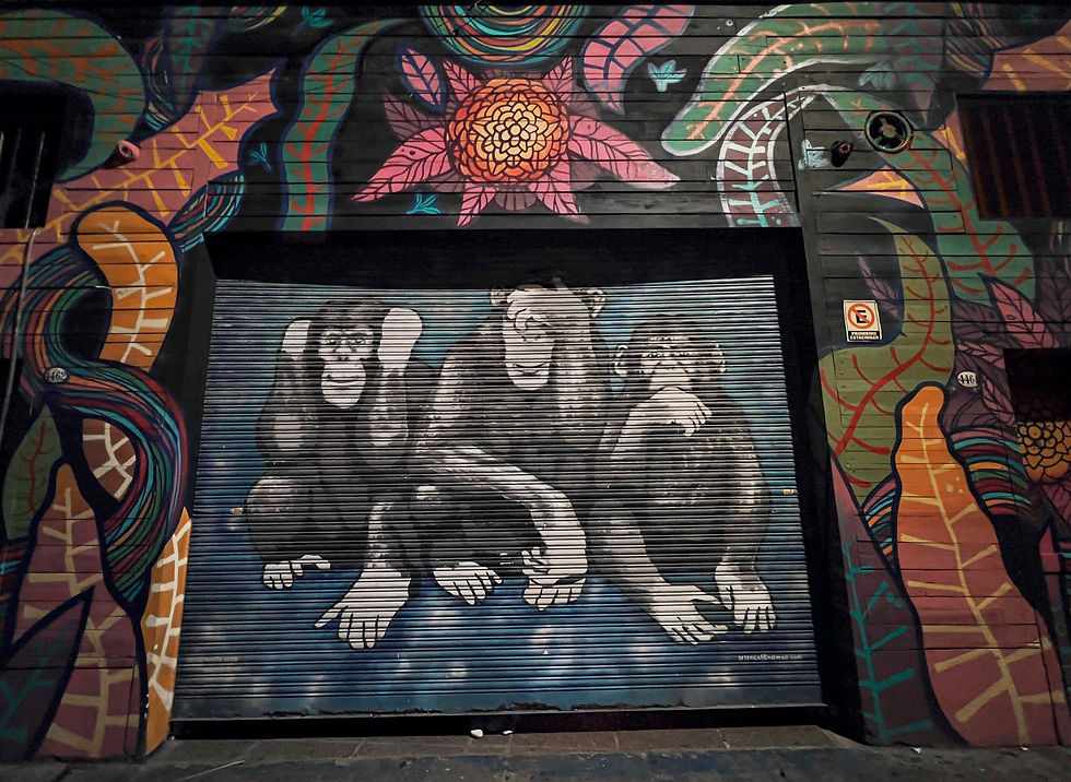 Street art of the "Three Wise Monkeys" on a colorful, patterned wall with vibrant leaves and flowers, conveying a playful mood.