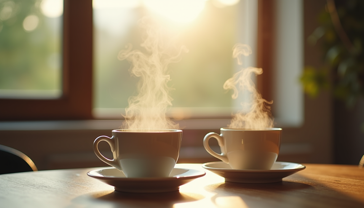 Eye-level view of two cups of tea on a cozy table near a window