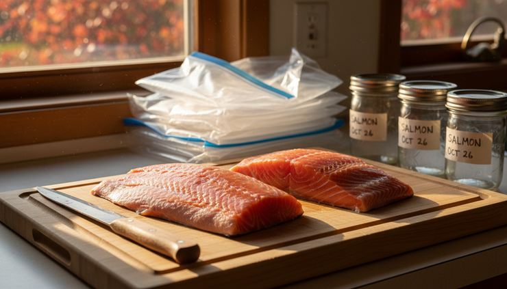 Close-up view of fresh salmon fillets being prepared on a kitchen counter.