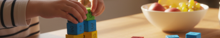 Wide-angle view of a homeschool table with colorful counting blocks and printed math worksheets