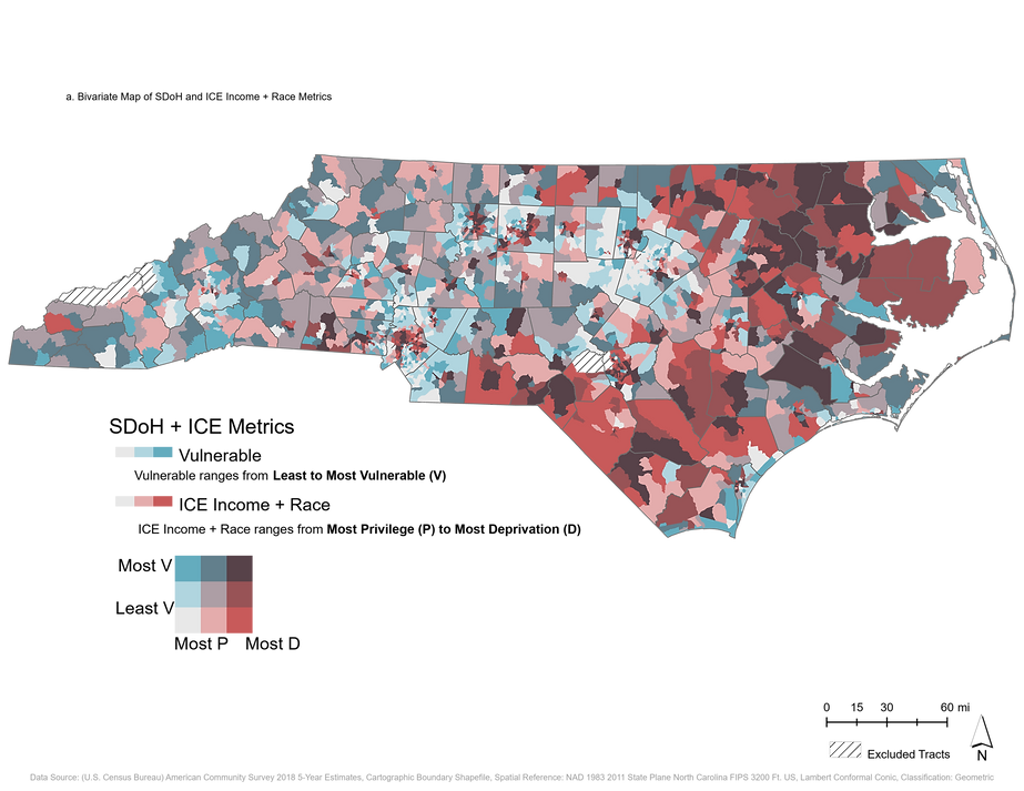 Bivariate map of SDoH and ICE metrics most vulnerable fields. Map illustrates the most vulnerable populations based on the combination of metrics.