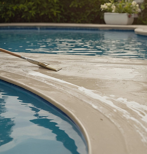 Refinishing a pool deck surface using a paint brush, with sightseeing view of relaxing pool area | Pool Paint Screen LLC.