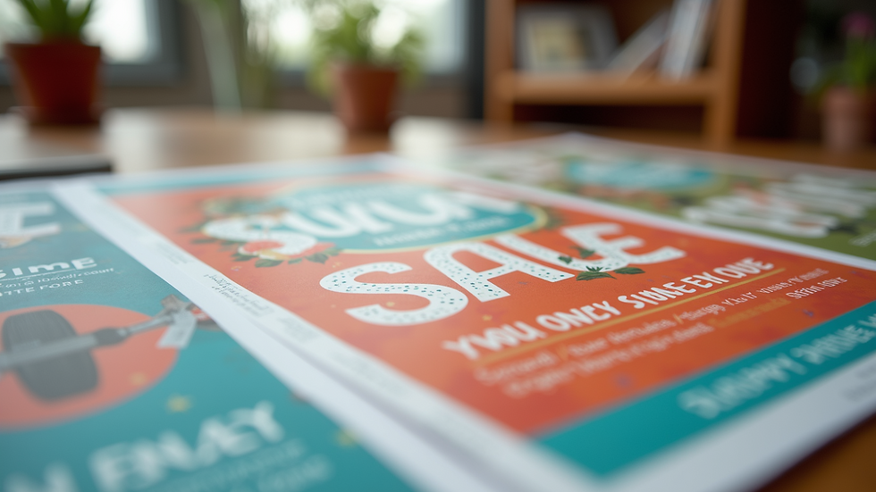 Close-up of a colorful custom printed flyer promoting a seasonal sale