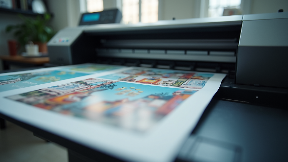 Eye-level view of a digital printer producing colorful prints on paper