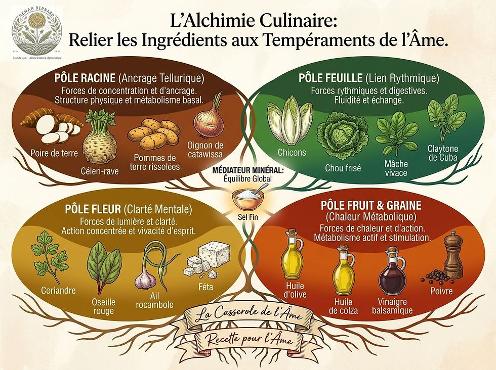 Tableau de l'Alchimie Culinaire Dandelion : correspondance entre pôles végétaux, tempéraments et métabolisme.