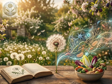 Représentation symbolique de l'alimentation dynamique Dandelion : un bol de légumes frais et chicons libérant une aura de microorganismes et de bactéries microscopiques multicolores.