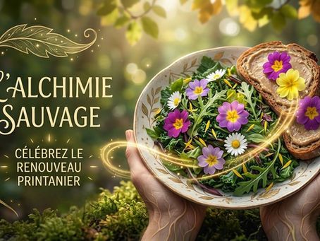 L'Alchimie Sauvage : célébration du printemps avec une salade de fleurs comestibles et pain au levain dans un décor de sous-bois enchanté.