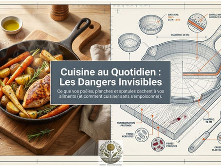 Illustration coupée en deux : à gauche, un plat de poulet et de légumes rôtis cuisant dans une poêle en fonte sur un plan de travail en bois. À droite, un schéma technique de cette même poêle, d'une planche à découper et d'une spatule, mettant en évidence les zones d'usure et les risques de résidus matériels ou bactériens. Au centre, un encadré affiche le titre : "Cuisine au Quotidien : Les Dangers Invisibles".