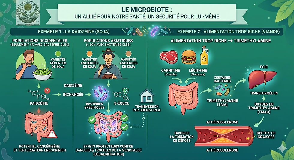 Infographie Dandelion sur le microbiote : détoxication de la daidzéine du soja en S-équol protecteur chez les populations asiatiques, et transformation de la carnitine (viande) en TMAO favorisant l'athérosclérose.