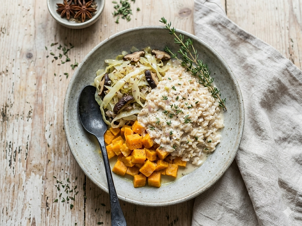 Illustration symbolique de la recette "Chou à l'anis et Patate douce" structurée selon les quatre pôles de l'alimentation dynamique : les racines (ancrage), les feuilles et tiges (vitalité), les céréales (équilibre) et les fruits/huiles (chaleur métabolique). L'image évoque l'union des ingrédients pour nourrir les tempéraments de l'âme.