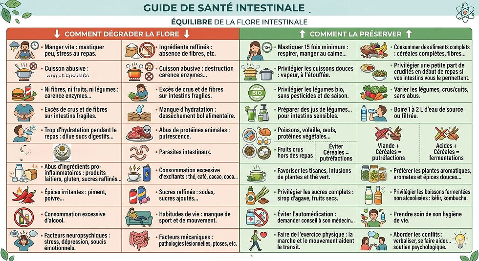 Infographie Dandelion 'Guide de santé intestinale' : tableau comparatif des facteurs dégradant la flore (stress, aliments raffinés, excès d'excitants) versus les solutions pour la préserver (mastication, cuissons douces, légumes bio, activité physique et gestion émotionnelle).