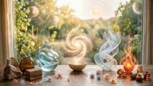 Représentation artistique et symbolique de la dégustation consciente. Sur une table en bois, devant une fenêtre ouverte sur un jardin lumineux, sont disposés des objets évoquant les éléments et les sens : un bol en céramique émettant une spirale de lumière dorée (le Goût/le Moi), une sculpture en verre torsadé bleu-gris (l'Odorat/l'Air), une flamme rouge-orange dans un réceptacle en verre (le Feu/la Transformation) et des pierres naturelles (la Structure/la Terre). Des fleurs séchées et des gemmes sont parsemées, illustrant l'harmonie entre le microcosme humain et le macrocosme.