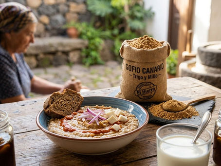 Sac de farine de Gofio Canario traditionnel sur une table en bois, accompagné d'un bol de préparation typique décoré d'oignon rouge et de fromage, avec une femme travaillant en arrière-plan.
