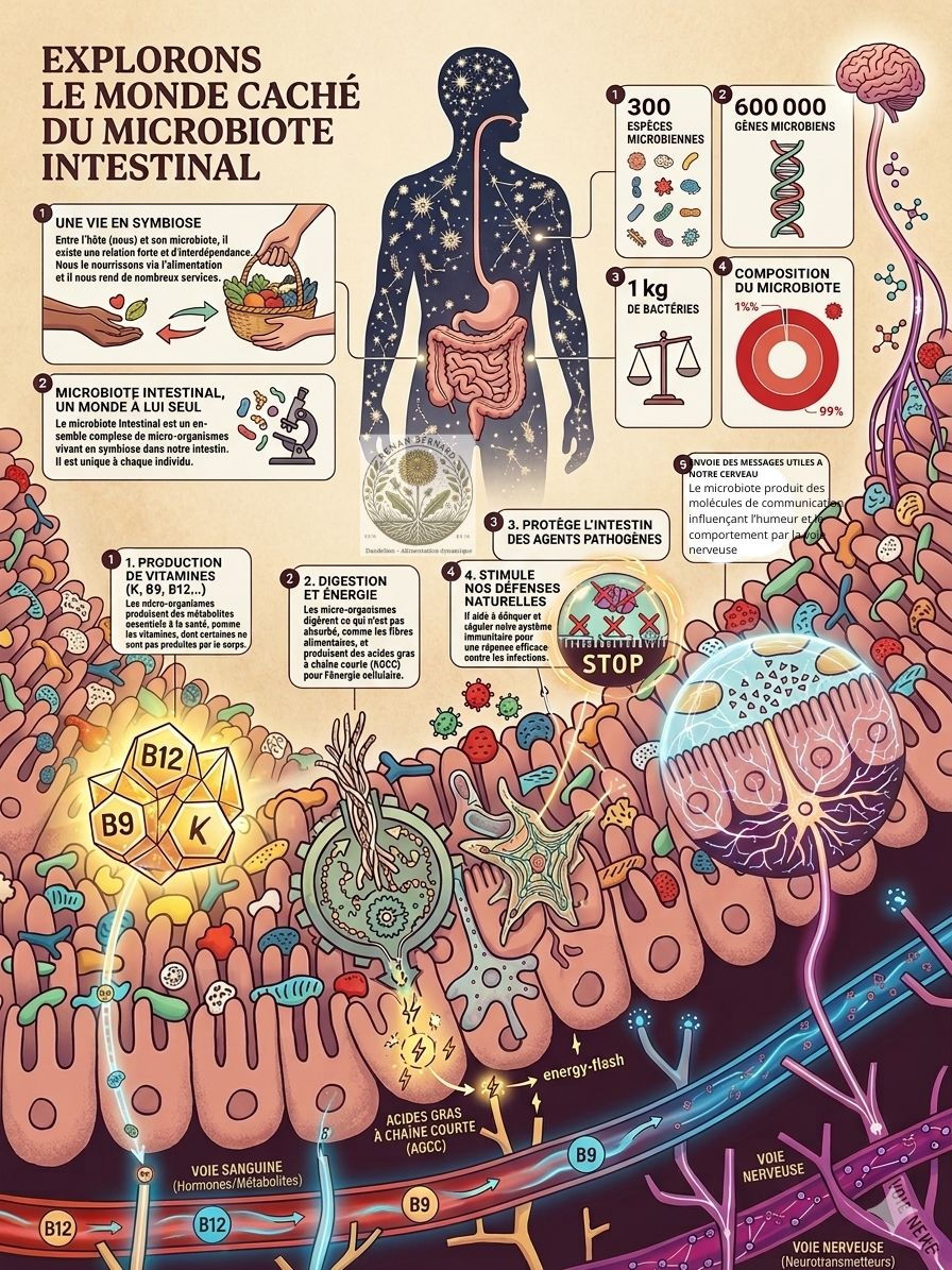 Infographie Dandelion 'Explorons le monde caché du microbiote intestinal' : tableau détaillé montrant la symbiose entre l'alimentation dynamique, la physiologie intestinale et l'axe intestin-cerveau pour la santé globale.