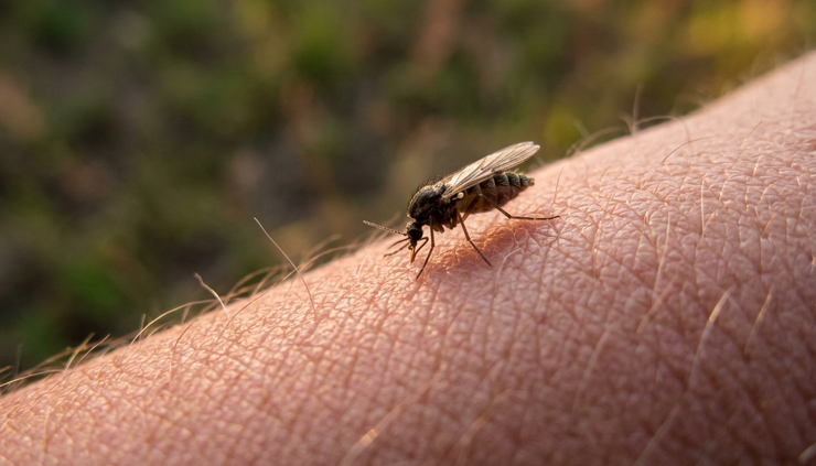 Close-up view of a tiny biting insect on human skin