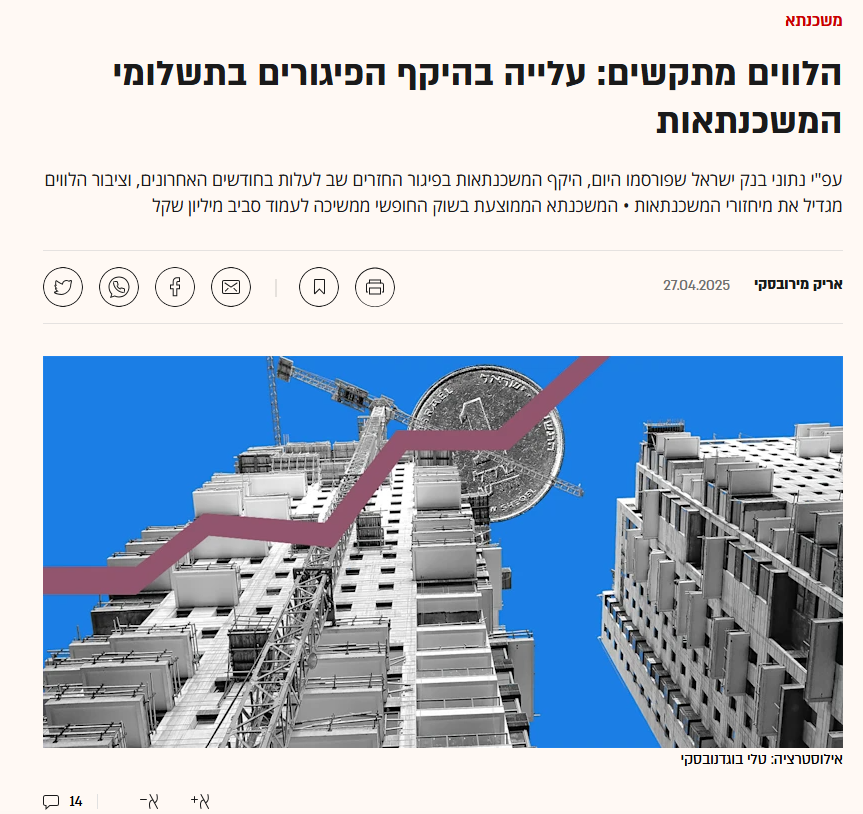 כתבה בגלובס על מגמת עלייה בפיגור המשכנתאות בישראל
