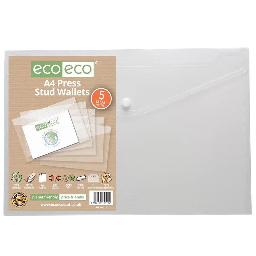 Eco-Eco A4 50% Recycled Clear Press Stud Wallet (UK Stock)