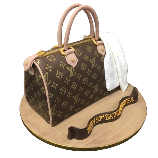 Luxury Louis Vuitton print handbag cake with intricate 3D design, perfect for fashion-forward celebrations. Ideal for fashionistas and luxury brand enthusiasts.