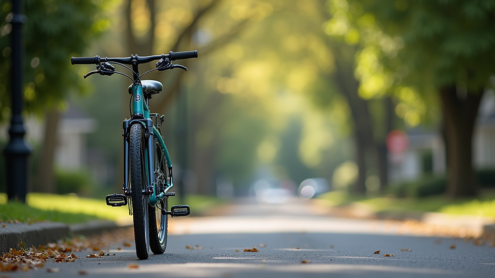Eye-level view of a comfortable hybrid bike parked on a quiet neighborhood street