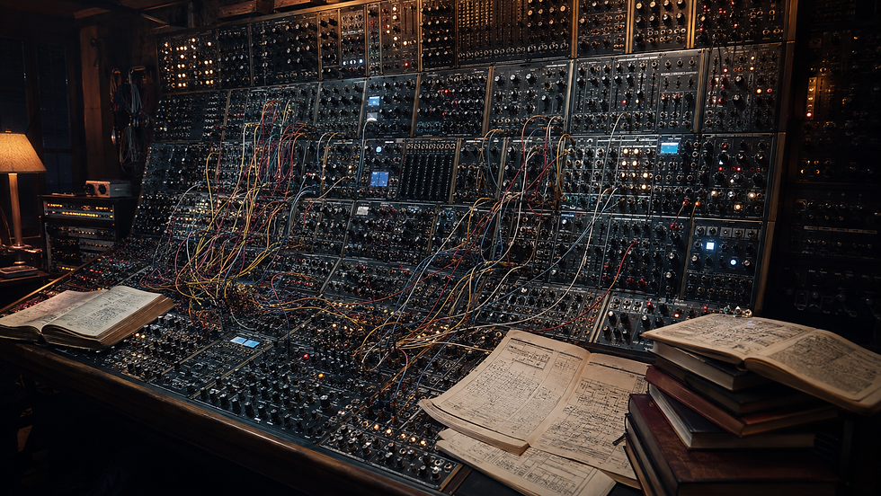 AI generated image of a complex synth, with lots of manuals.