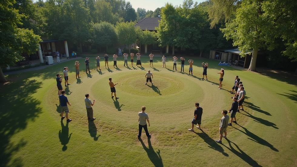 High angle view of a bootcamp class performing outdoor exercises
