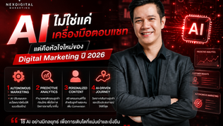 กราฟิกเกี่ยวกับ AI Marketing ปี 2026 แสดงการใช้ AI เป็นระบบวิเคราะห์ข้อมูลและวางกลยุทธ์การตลาดดิจิทัลให้ธุรกิจเติบโต