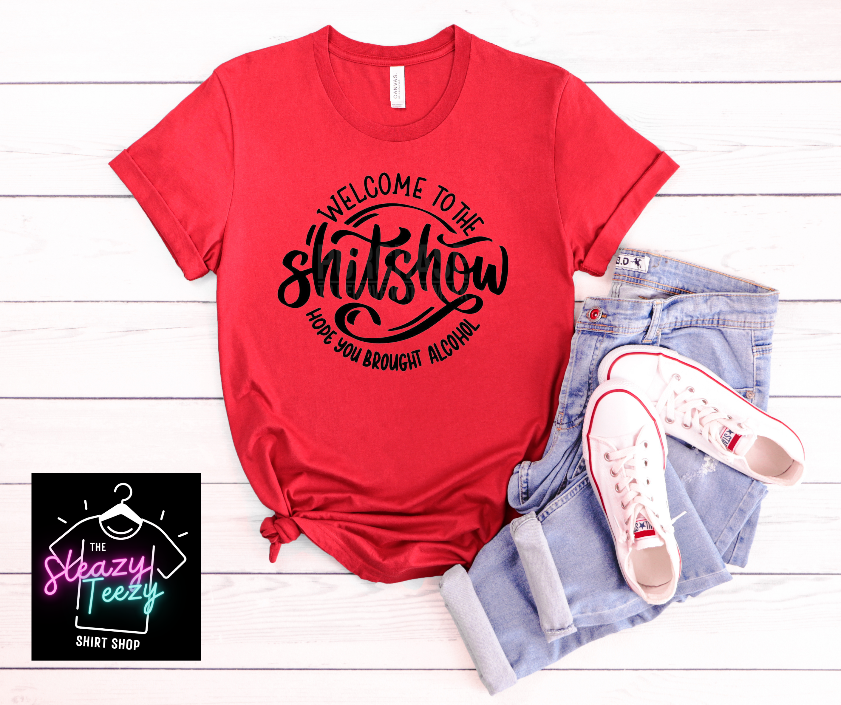 Welcome to the Shitshow- Women’s Short Sleeve Crewneck Tee (solid & bleached)