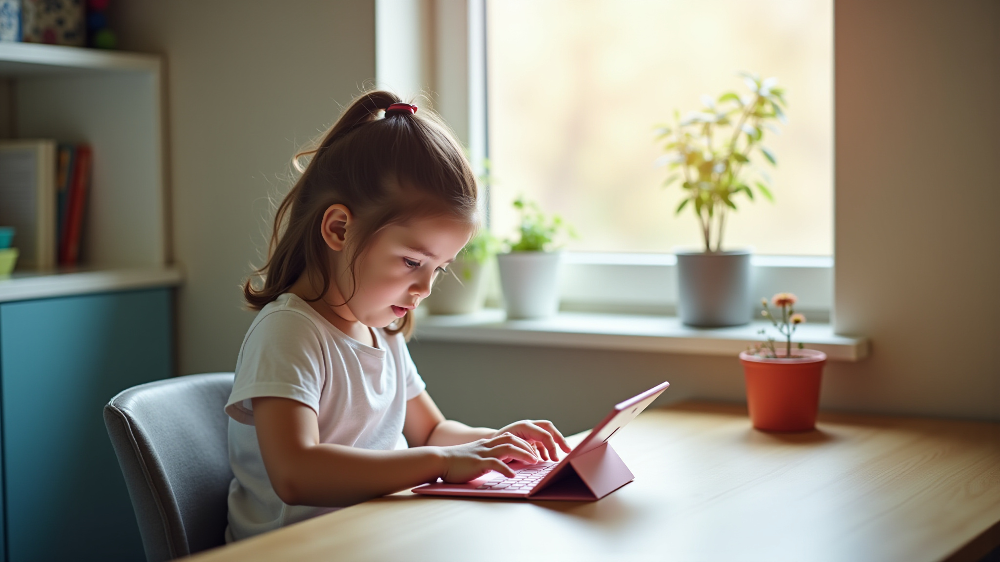Young girl using a tablet at a desk near a window