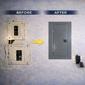 Before and after electrical panel upgrade in a Bowie Levitt home, showing old 100-amp panel replaced with modern 200-amp electrical service.