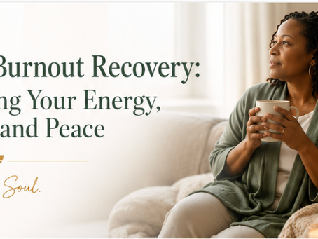 Mind, body, and spirit wellness graphic featuring a peaceful self-care setting with a candle, journal, affirmations, and calming sage green tones that illustrate holistic burnout recovery and emotional healing.