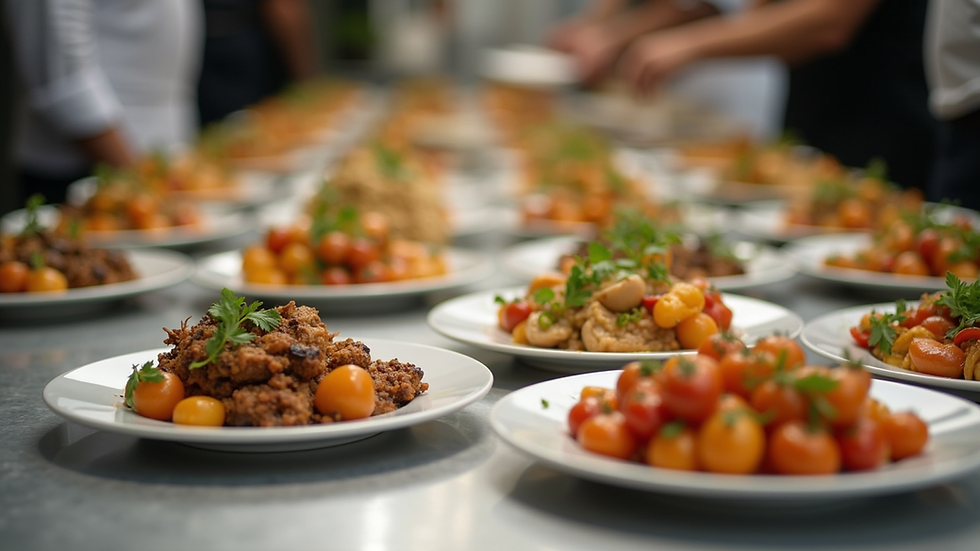 Eye-level view of a beautifully arranged catering table with a variety of dishes