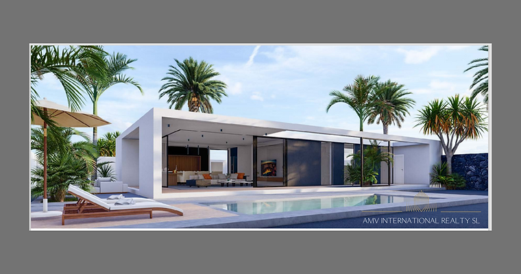 Rendered image of Villa Costa Tinaya showing modern architecture, bright living spaces and private pool terrace - AMV INTERNATIONAL REALTY SL