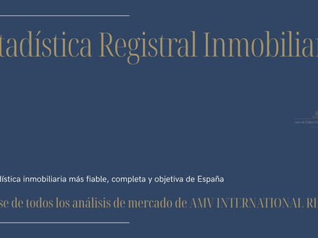 Gráfico de portada en azul oscuro con el título en dorado “Estadística Registral Inmobiliaria”. Debajo, un texto en blanco indica que es la estadística inmobiliaria más fiable, completa y objetiva de España. En la parte inferior, un texto en dorado señala que es la base de todos los análisis de mercado de AMV INTERNATIONAL REALTY. A la derecha aparece el logotipo de AMV INTERNATIONAL REALTY SL con la mención “Fuerteventura”.