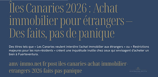 Des informations contradictoires en ligne inquiètent de nombreux acheteurs internationaux.
Pourtant, la réforme de 2026 concerne uniquement la location touristique (VV), pas l’achat immobilier.
Dans notre nouvel article, nous expliquons clairement pourquoi l’achat reste entièrement autorisé et quels sont les véritables paramètres juridiques.
Îles Canaries 2026 · Achat immobilier pour étrangers – Faits, pas panique