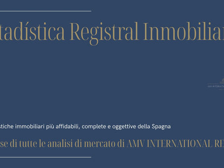 Grafica con sfondo blu scuro e titolo dorato “Estadistica Registral Inmobiliaria”. Sotto compare un testo bianco che descrive queste statistiche come le più affidabili, complete e oggettive della Spagna. In basso, un testo dorato indica che rappresentano la base di tutte le analisi di mercato di AMV INTERNATIONAL REALTY. A destra è presente il logo di AMV INTERNATIONAL REALTY SL con la dicitura “Fuerteventura”.