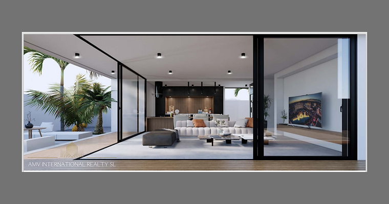 Rendered image of Villa Costa Tinaya showing modern architecture, bright living spaces and private pool terrace - AMV INTERNATIONAL REALTY SL