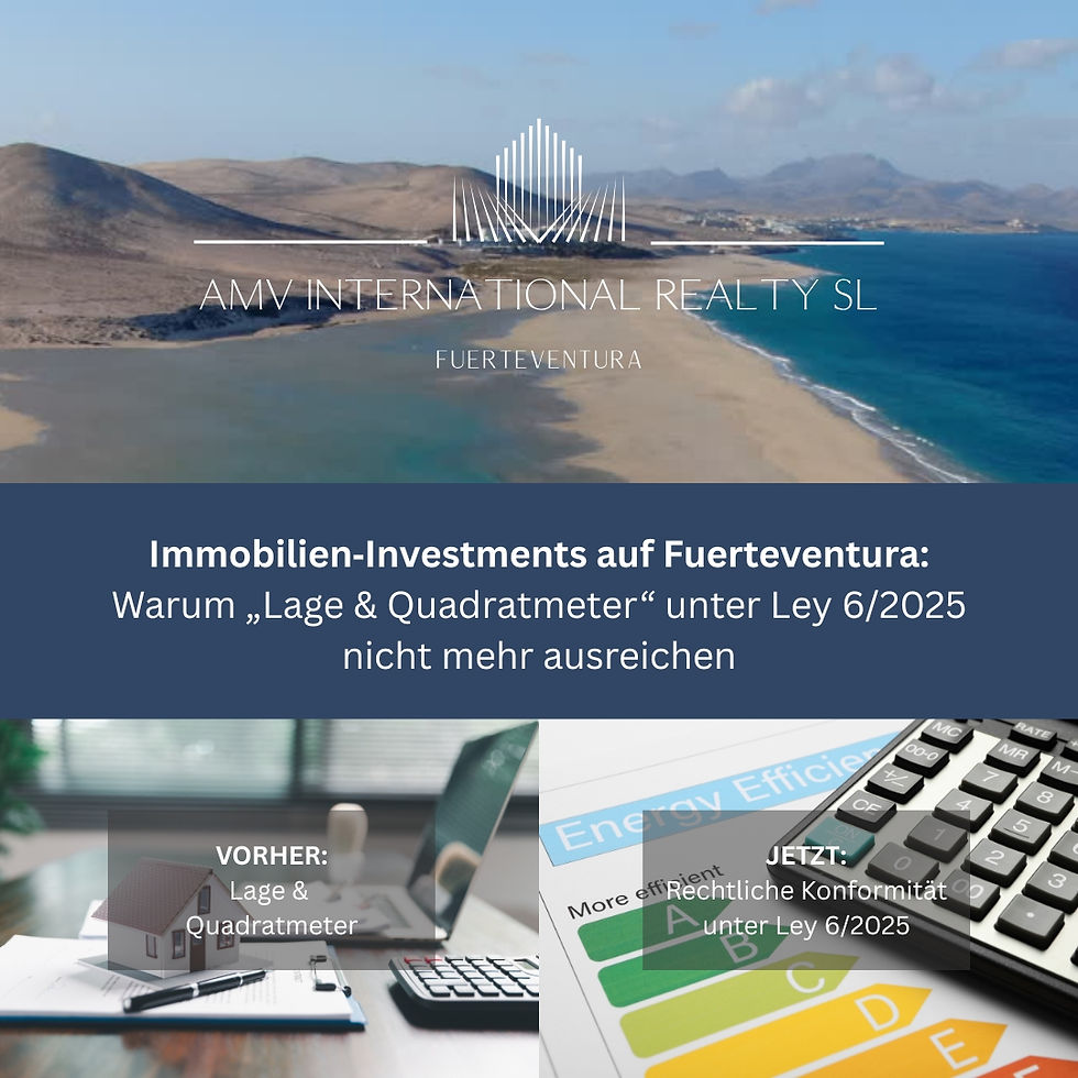 Quadratisches Informationsbild zu Immobilien‑Investments auf Fuerteventura unter der Ley 6/2025. Links ein Modellhaus auf Dokumenten, rechts ein Energieeffizienz‑Diagramm und ein Taschenrechner. Fokus auf der neuen gesetzlichen Anforderung der rechtlichen Konformität.