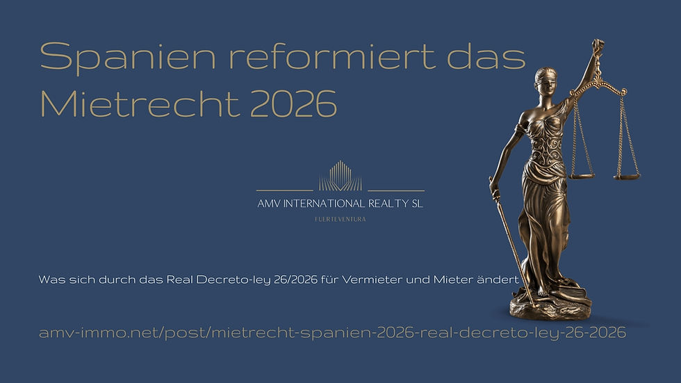 Titelgrafik zum Blogartikel „Spanien reformiert das Mietrecht 2026“ mit Justitia und Waage sowie Hinweis auf das Real Decreto-ley 26/2026 für Vermieter und Mieter.
