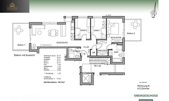 Wohnung 6
Obergeschoss
4,5 Zimmer

- modere exklusive Architektur 
- ruhige gesuchte Toplage
- lichtdurchflutete Räume mit Aussicht 
- durchdachte Grundrisse 
- Schlafen mit Ankleiden
- Abstellraum in jeder Wohnung
- große Balkone 
- Terrassen mit Schiebetüren
- via Personenaufzug Sie erreichen barrierefrei die Wohnungen
- Videosprechanlage mit Bildschirm
- moderne Wärmepumpe mit Fußbodenheizung und Kühlung 
- Sanitärausstattung Villeroy & Boch / Hans Grohe 
- Handtuchheizkörper und bodenebene Duschen
- Echtholzparkett Eiche in Wohn und Schlafräumen komplett 
- leise Wohnraumlüftung mit Feuchtigkeitsmessung
- PV Anlage zur Stromerzeugung
- Tiefgarage, Stellplätze und Carport 
- Niedrige Nebenkosten, nachhaltiges Energiekonzept